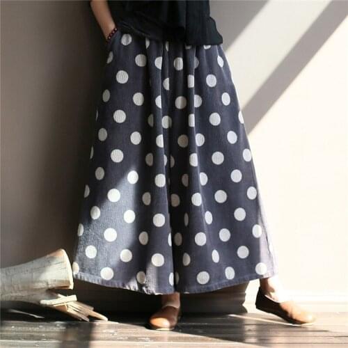 Johnature Women Corduroy Wide Leg Pants Vintage Elastic Waist Trouser 2021 Spring New Print Dot Casual Soft Women Loose Pants