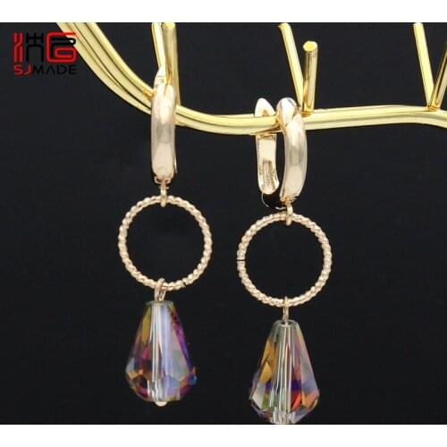 SJMADE Europe America Colorful Water Drop Crystal Dangle Earrings Vintage Champagne Gold Ear Hook For Women Wedding Jewelry Gift