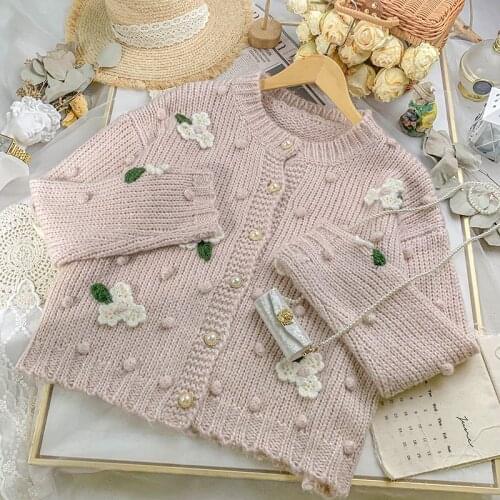Mori Girl Pink Soft Sweater Coat Design Hand-Crocheted Flowers All-Match Knitted Cardigan Japanese Knitwear Female