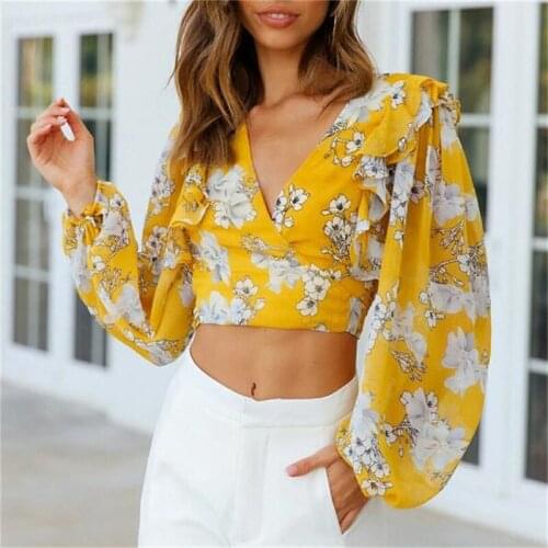 Women Floral Print Crop Tops Long Lantern Sleeve Wrap V Neck Tie Knot Back Blouse Spring Autumn Loose CAsual Tops