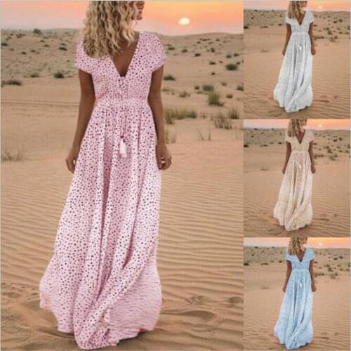 Bohemian Maxi Dress for Women Polka Dot Print Summer Short Sleeve Long Dress Women Sexy V-neck Long Maxi Dress beach Vestidos