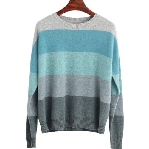 100% Pure Wool Sweater Women O-Neck Cashmere Pullover Color Matching Knit Bottoming Warm Loose Shirt Plus Size
