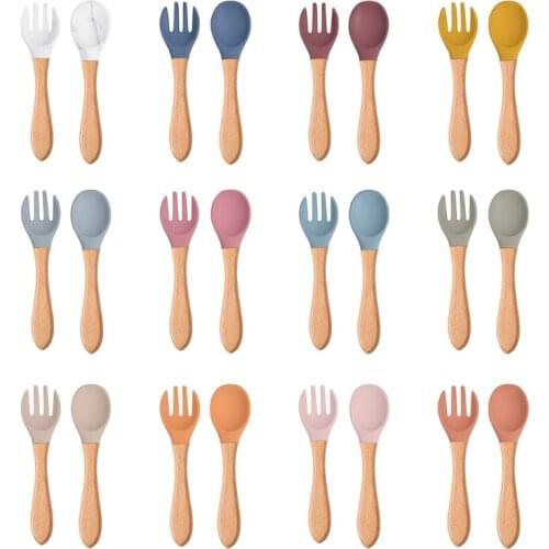 2Pcs Food Grade Silicone Tips Baby Feeding Training Spoon and Fork Set with Wooden Handle Toddlers Infant Eat Independently Acc