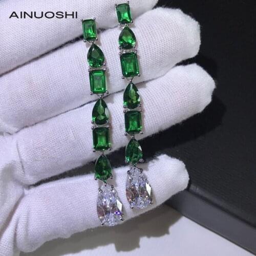 AINUOSHI Simulated SONA Diamond & Lab Created Emerald Trendy Geometric Drop Earrings For Women 925 Sterling Silver Jewelry Gifts