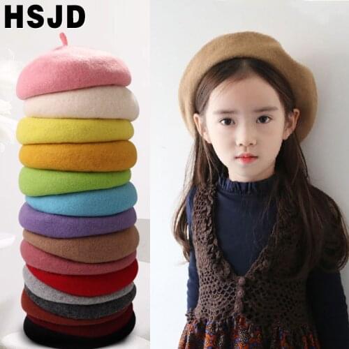 French Solid Casual Vintage Kids Hat Beret Plain Cap Girls Wool Warm Winter Berets Beanie Hats Artist Caps for Girls 3-7 Years