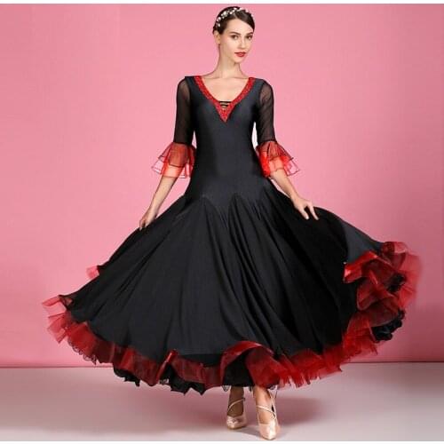 Black ballroom dress women tango dance costumes spanish dance dress flamenco women dance dress fringe short sleeves v-neck dress