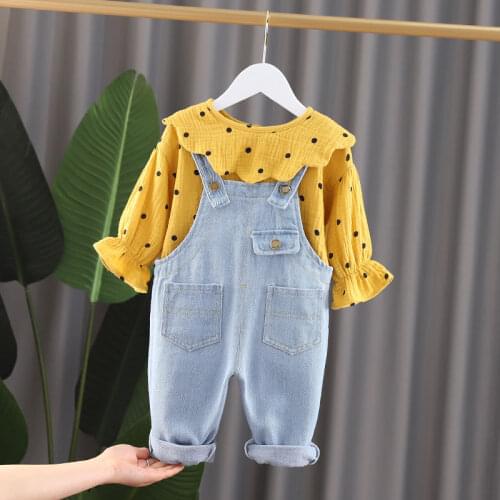 Childrens clothing set Kids Baby jeans Pants Girl Trousers Set New Childrens Denim Overalls + T-shirt Tops 2 Sets