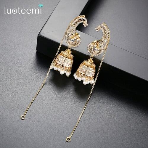 LUOTEEMI Brand Jhumka Jhumki Long Drop Dangle Earrings For Women CZ Crystal and Imitation Pearl Earrings Jewellery Gifts