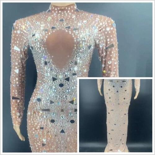 H160 Tight Diamond Mirror Long Sleeves Jumpsuit Crystal Skinny Show Stage Model Nightclub Women Wear Elastic Stretched Bar Party