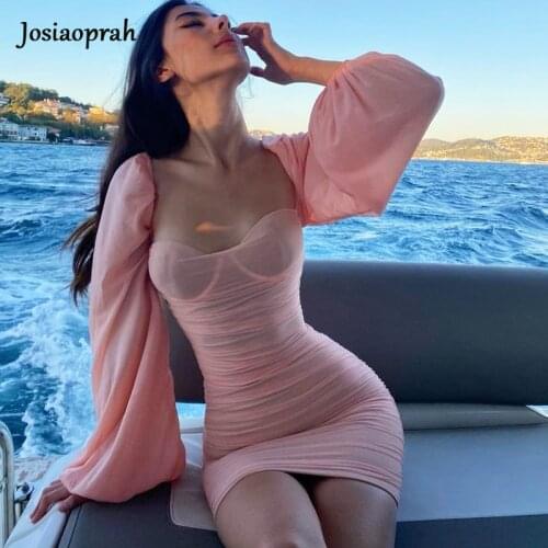 Josiaoprah Mesh Double Layers Sexy Boned Corset Dress Women Boning Chiffon Slim Summer Dress Party Bodycon Dresses Ruched