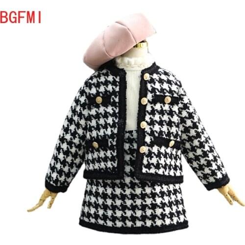 Girls Classic Woolen Plaid Clothing Set Cardigan Jackets+skirts Baby Girl Kids Elegant 2pcs Suits Children Fall Clothes Outfits