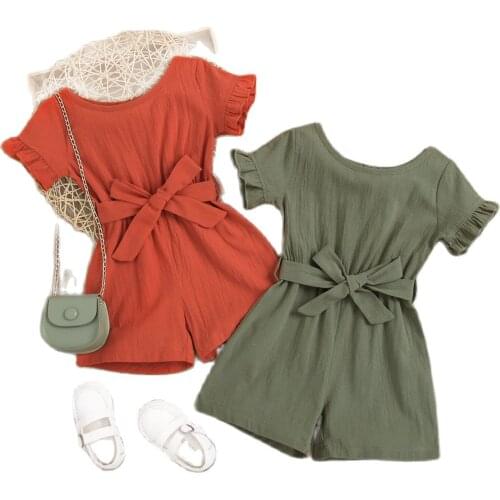 New Fashion Kids Girls Summer Jumpsuits With Belt Solid Ruffles Short Sleeve Playsuits Shorts 2 Color