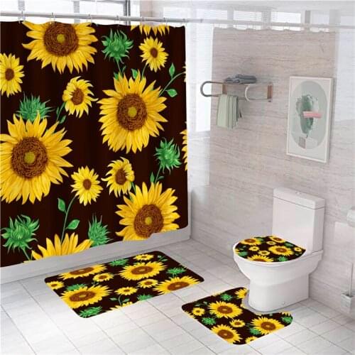 Ouneed Shower Curtains Set 4PCS Non Slip Sunflower Pattern Toilet Polyester Cover Mat Set Waterproof Bathroom Shower Curtains