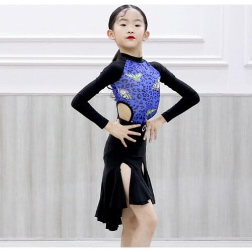 Leopard Latin Practice Wear For Girls Long Sleeve Salsa Dancewear Black Irregular Skirt Stage Costume Designer Clothes DL7682