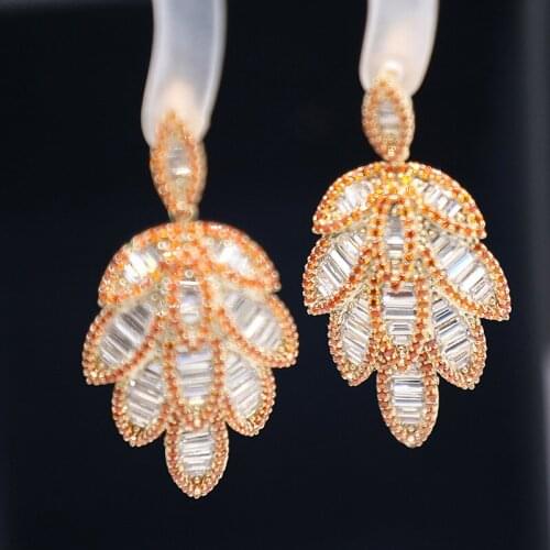 Bilincolor Fashion Orange and Crystal Clear Cubic Zirconia Leaf Drop Earrings for Women