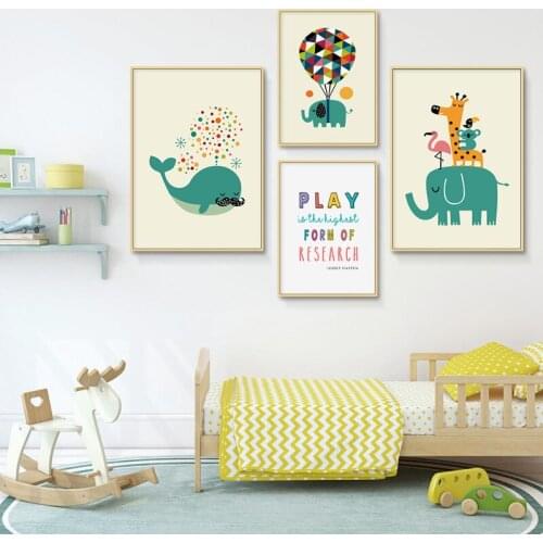 Green Balloon Elephant Canvas Painting Cartoon Animals Wall Art Prints and Posters Nordic Whale Wall Pictures for Baby Kids Room