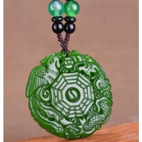 Hetian jade jade eight diagrams dragon and Phoenix with jade pendant green jade pendant mens and womens Pendant