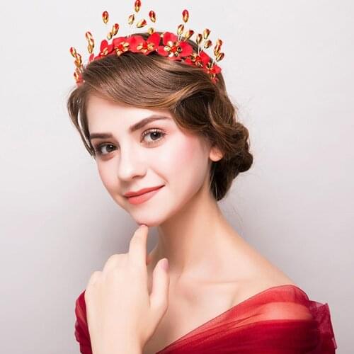 New Red Handmade Beaded Crystal Rhinestone Barrettes Wedding Flower Bouquet Corsage Jewelry For Women Hairpin Queen Crown Set