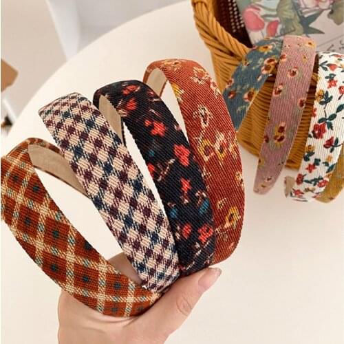 Vintage Plaid Floral Corduroy Headbands Flower Fall Hairbands Elegant Match Head Hoop Women Tiara Head Band Headwrap Accessories