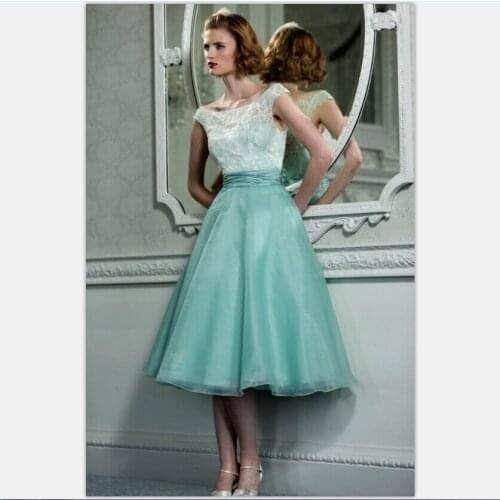 Tea Length 2018 Summer Scoop Lace Ruffled Organza robe de soiree A-Line vestido de noiva Party prom gown bridesmaid dresses