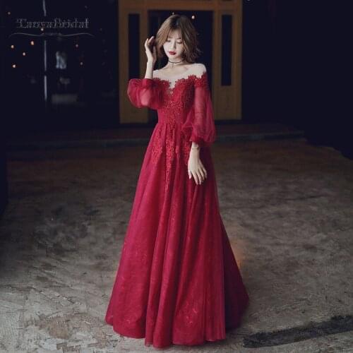 Prom Dresses 2020 Sleeves Illusion Neck Sexy A Line Red Lace Tulle Elegant vestidos de fiesta largos elegantes de gala Dress
