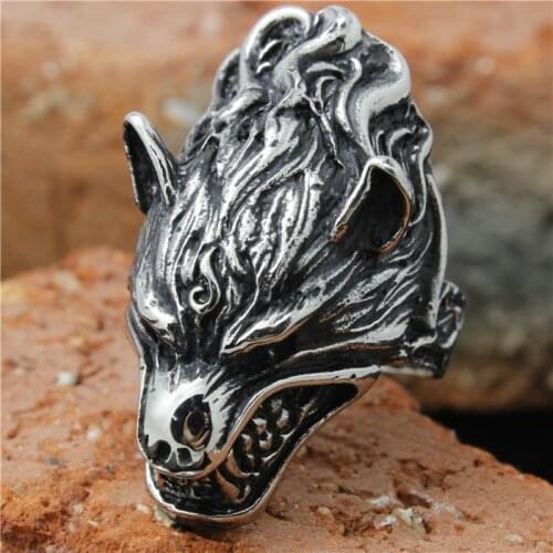 Size 8 to 15 Mens Boys 316L Stainless Steel Cool New Punk Gothic Style Flaming Wolf Ring Wholesale Price
