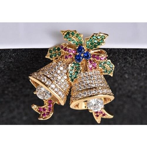Luxury Zirconias Merry Christmas Bells Brooches Pins Cute Bowknot Flower Dragonfly Swan Bee Feather Brooch Pin Badges Broach