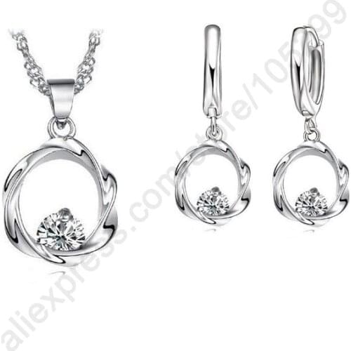 Hot Sale New 925 Sterling Silver White Gold Plate Cubic Zirconia CZ Pendants Necklace Earrings Jewelry Sets For Women