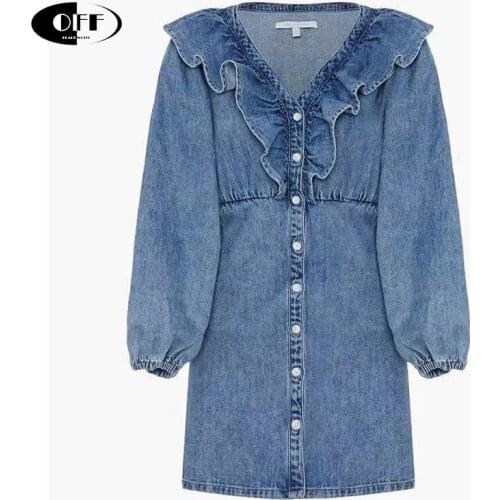 Chic Spring Ruffles Mini Denim Dresses For Women Elegant Casual Puff Sleeve V-neck Ruched High Waist Ladies Party Dress Female