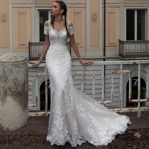 Vestido de Noiva Sereia 2021 Mermaid Wedding Dresses with Jacket Short Sleeve Bride Dress Spaghetti Strap Plus Size Wedding Gown