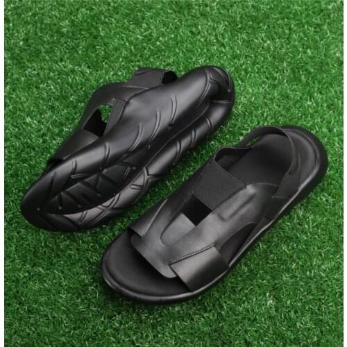 Tuziblobo Summer Mens black genuine cow leather sandal shoes comfortable thick-soled casual mens outdoor beach shoes
