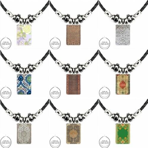 Vintage Antique Black Leather Bead Pendant Glass Cabochon Statement Necklace Jewelry For Girls Persian Carpet Floral Pattern