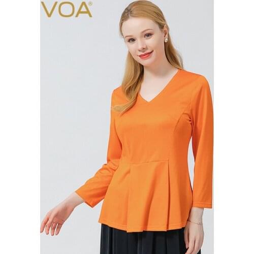 VOA Silk Knitting Fashion V-Neck Goth Pleated Tops Skin-Friendly Breathable Simple Wild Loose Long Sleeve T-Shirt Autumn BE781