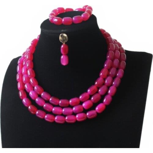 DUDO African Jewelry Set Nigerian Wedding 3 Layers Fuchsia Crystal Jewellery Set Earrings Necklace Bracelet Set Free Shipping