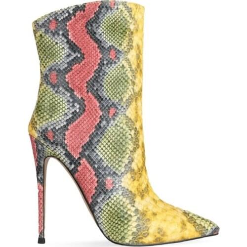 Womens Python Snake Pattern Mixed Colors Ankle Boots Stilettos High Heel Shoe Side Zipper Sexy 2Colors Plus Size 34-45