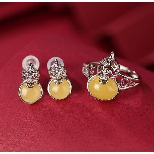 S925 sterling silver natural amber stud earrings retro personalized coin gourd womens earrings ring set