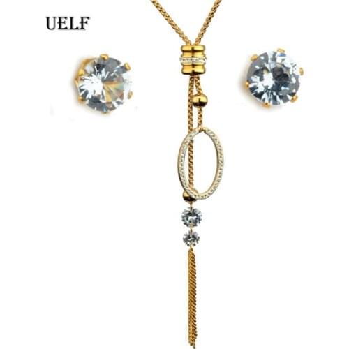 UELF Luxury Crystal Wedding Jewelry Sets For Women Long Round Tassel Pendant Necklace Stud Earrings Sets Gift