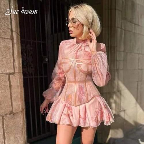 New Design Summer Dress 2pcs for Women Black Sexy Corset Dress Vintage print Slim Mesh Outfit Clubwear Party Dress Vestido