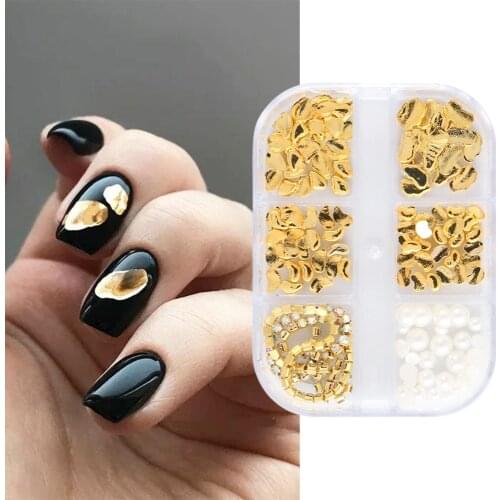 1Box Nail Parts Irregular Gold Silver Nail Stones Metal Chains Alloy Rhinestones Decorations Bowknot Sequins Manicure GLJUN01-05
