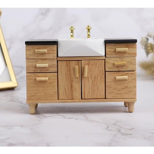 1 Pc 1/12 Dollhouse Miniature Wooden Wash Basin Cabinet Bathroom Furniture ToysDollhouse Bathroom Kitchen Decoration
