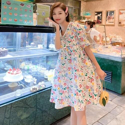 74049# Maternity Dress Summer Cotton Short Sleeves Loose Floral Mid-Long Dress Pregnant Women Mom Dress