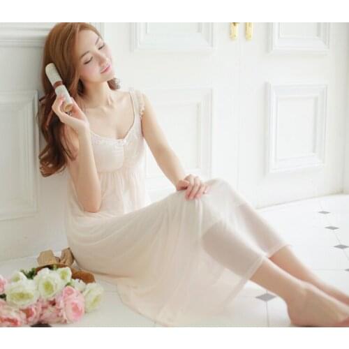 Free Shipping Lace Fairy Nightdress Womens Long Nightgown Nylon and Modal Nightshirt