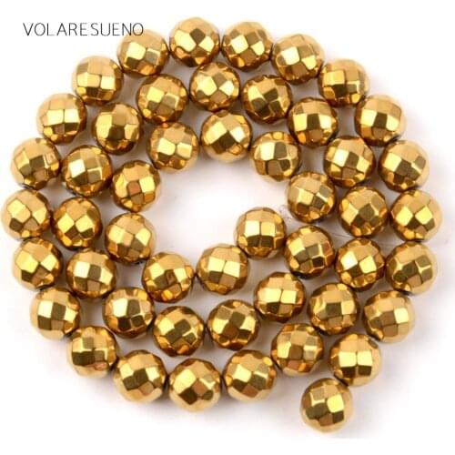 Plated Faceted Gold Hematite Stone Beads 15” Strand Pick 4-10m Round Loose Spacer Beads For Jewelry Making Necklace Bracelet