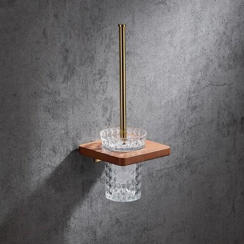 Toilet Brush Holder Brushed Gold Brass and Oak Bath Toilet Scrub Cleaning Brush Holder Set With Brush Bathroom accessories