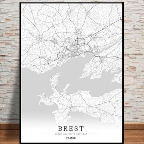 French Military Port City Brest Black and White Map Poster Art Canvas Painting for Home Wall Living Room Decoration Painting