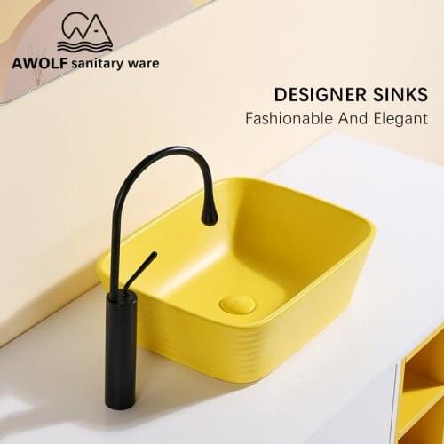 Ceramic Vessel Washing Bowl Bathroom Basin Sinks Designer Matte Yellow Above Counted With Drain Soft Hose Modern AM925