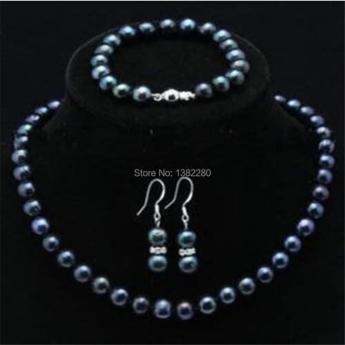 Beautiful!7-8mm Black pearl necklace bracelets earring set 17"-7.5" women jewelry making design