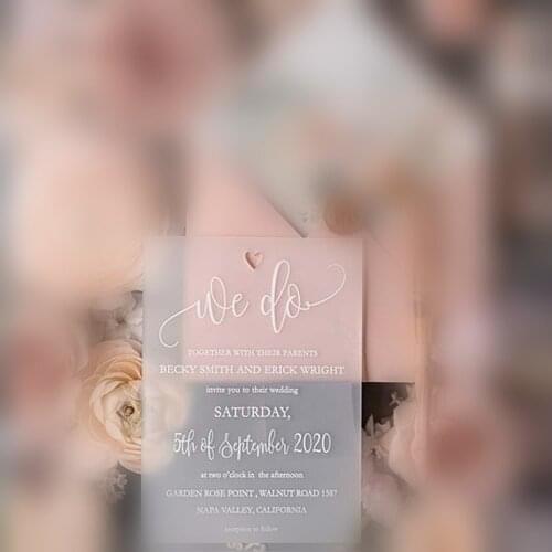 Frosted Acrylic Wedding Invitations With Laser Heart Cut,Birthday,Menu Card Flap Pocket Envelope Flower