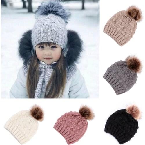 Cute toddler kids hats girls toddler baby winter coat crochet knitted cap brand Cap with fur Cap with pompom caps for kids