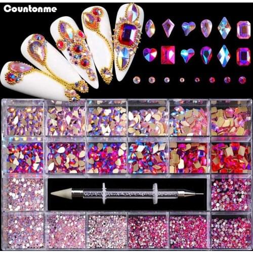 Multi-size Glass Rhinestones Nail Decoration 21 Grids Boxed Gem With Pick Up Pen SS4-SS20 Mixed AB Crystal Diamond Jewelry Kit